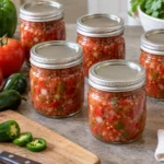 Six sealed half-pint jars of chunky tomato salsa with red and green peppers and onions.