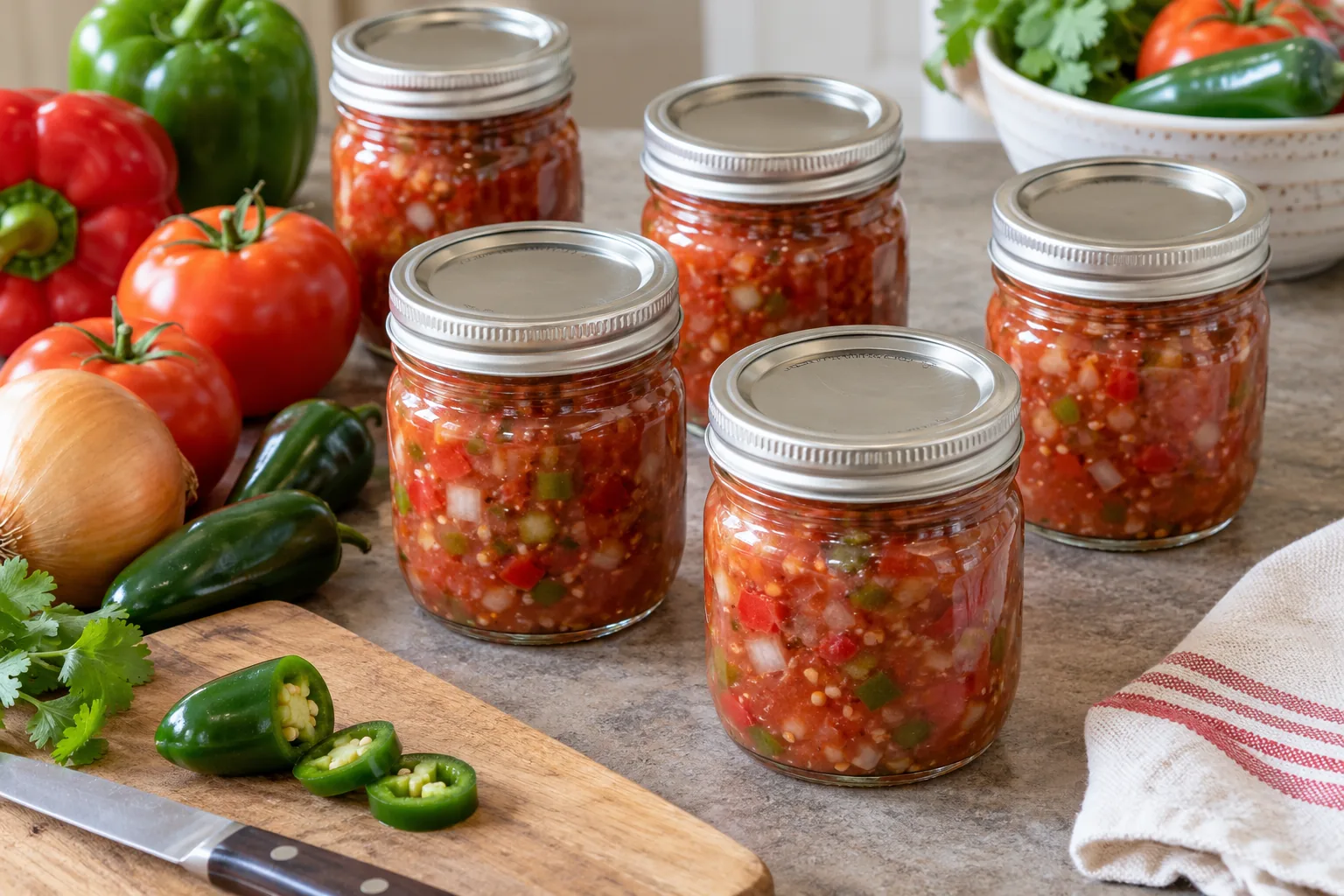 Six sealed half-pint jars of chunky tomato salsa with red and green peppers and onions.