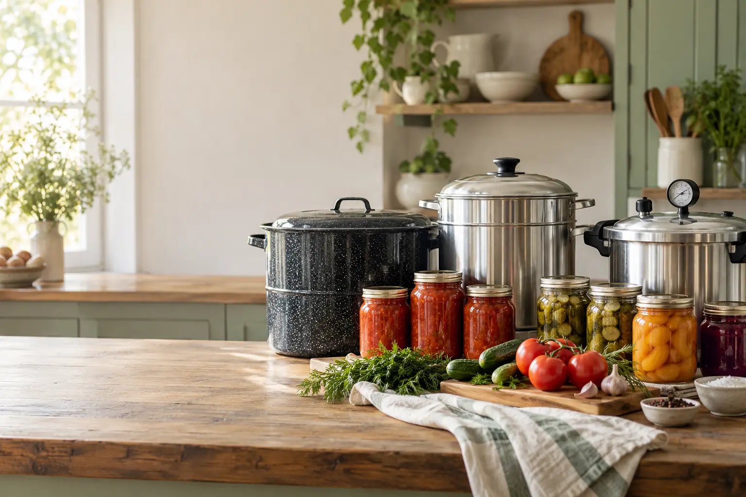 Boiling-water, atmospheric steam, and pressure canners with jars and fresh produce