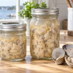 Home-canned clam meat in sealed half-pint and pint canning jars