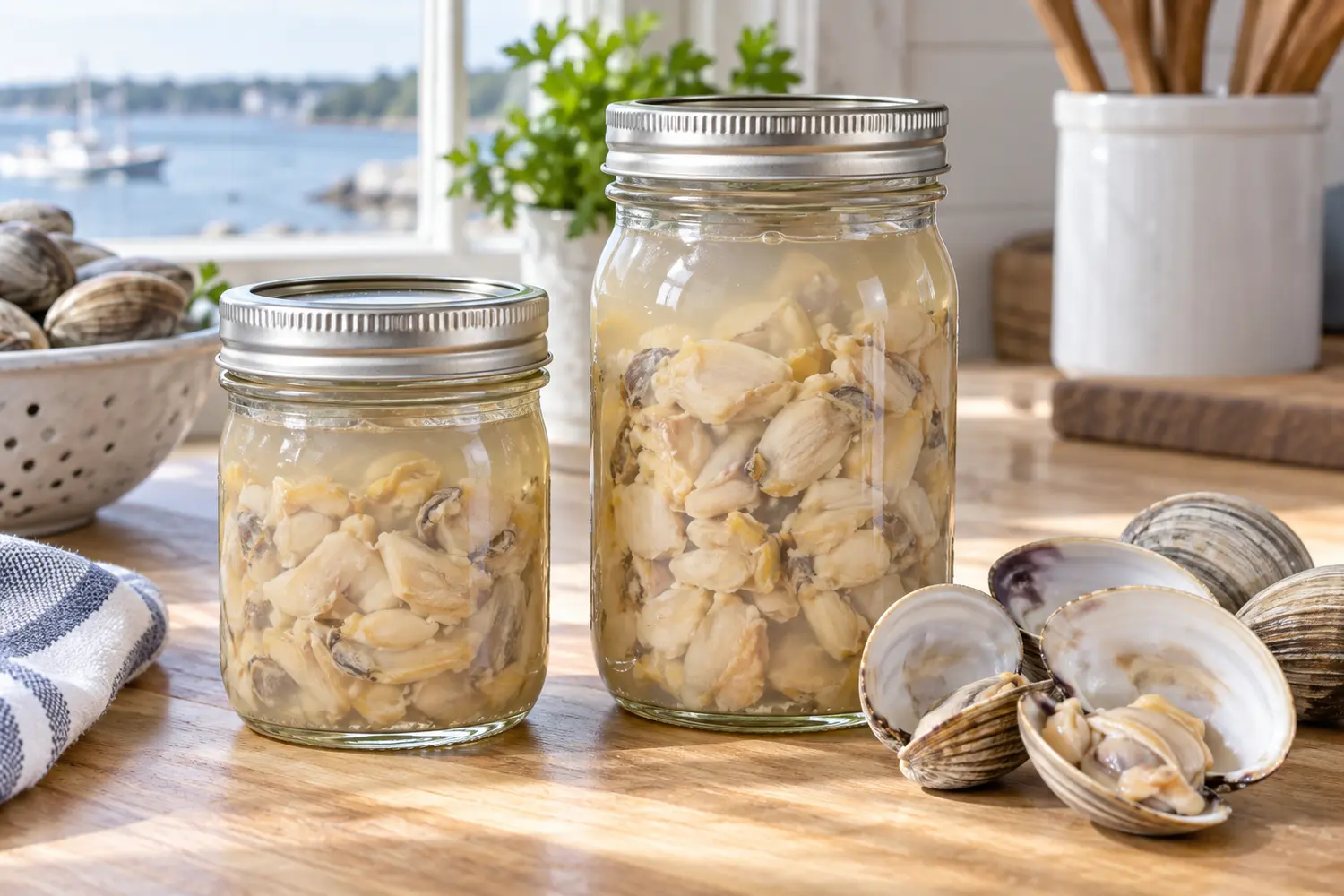Home-canned clam meat in sealed half-pint and pint canning jars