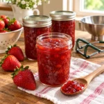 Half-pint jars of classic strawberry jam with fresh strawberries for Ball’s tested canning recipe