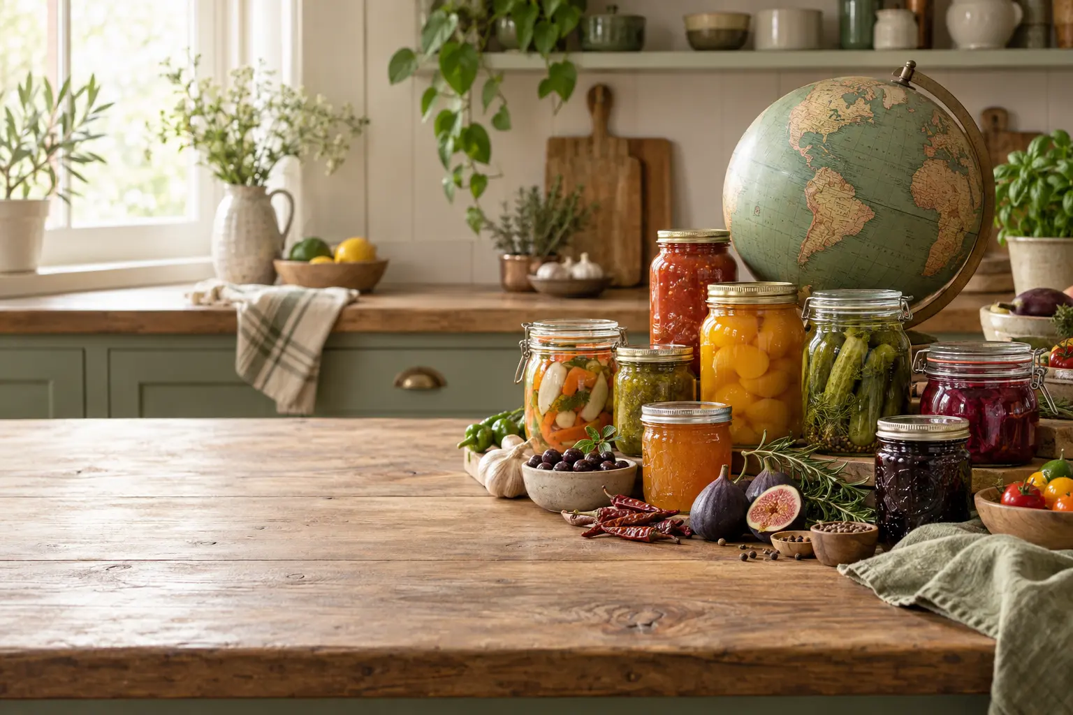 Home-canned foods from varied culinary traditions arranged beside a world globe