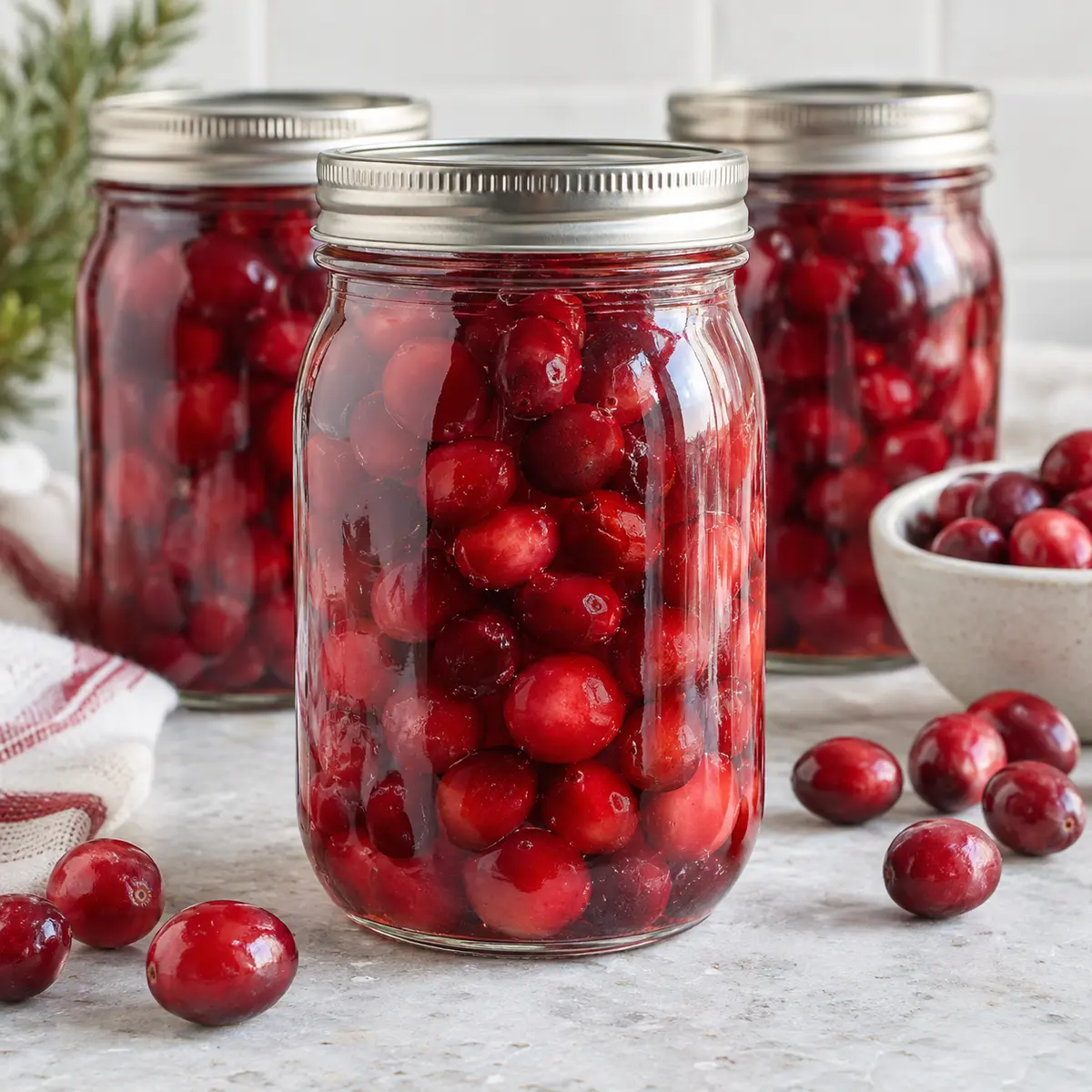 Whole bright-red cranberries packed in light syrup inside sealed glass home-canning jars