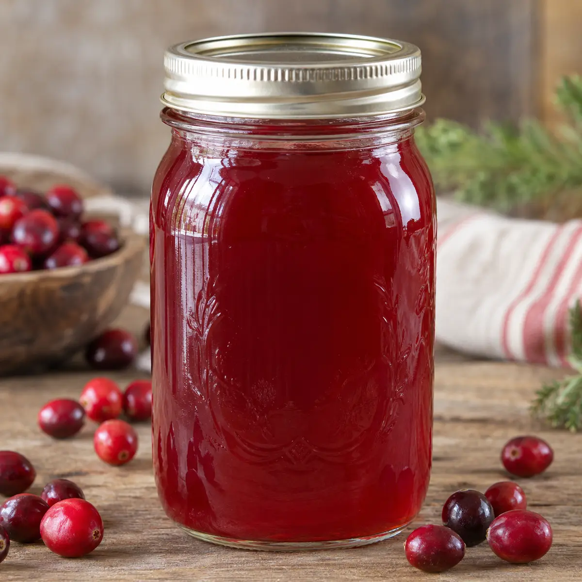 Jar of deep red cranberry juice with fresh cranberries