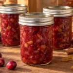 Three sealed half-pint canning jars filled with chunky cranberry orange chutney