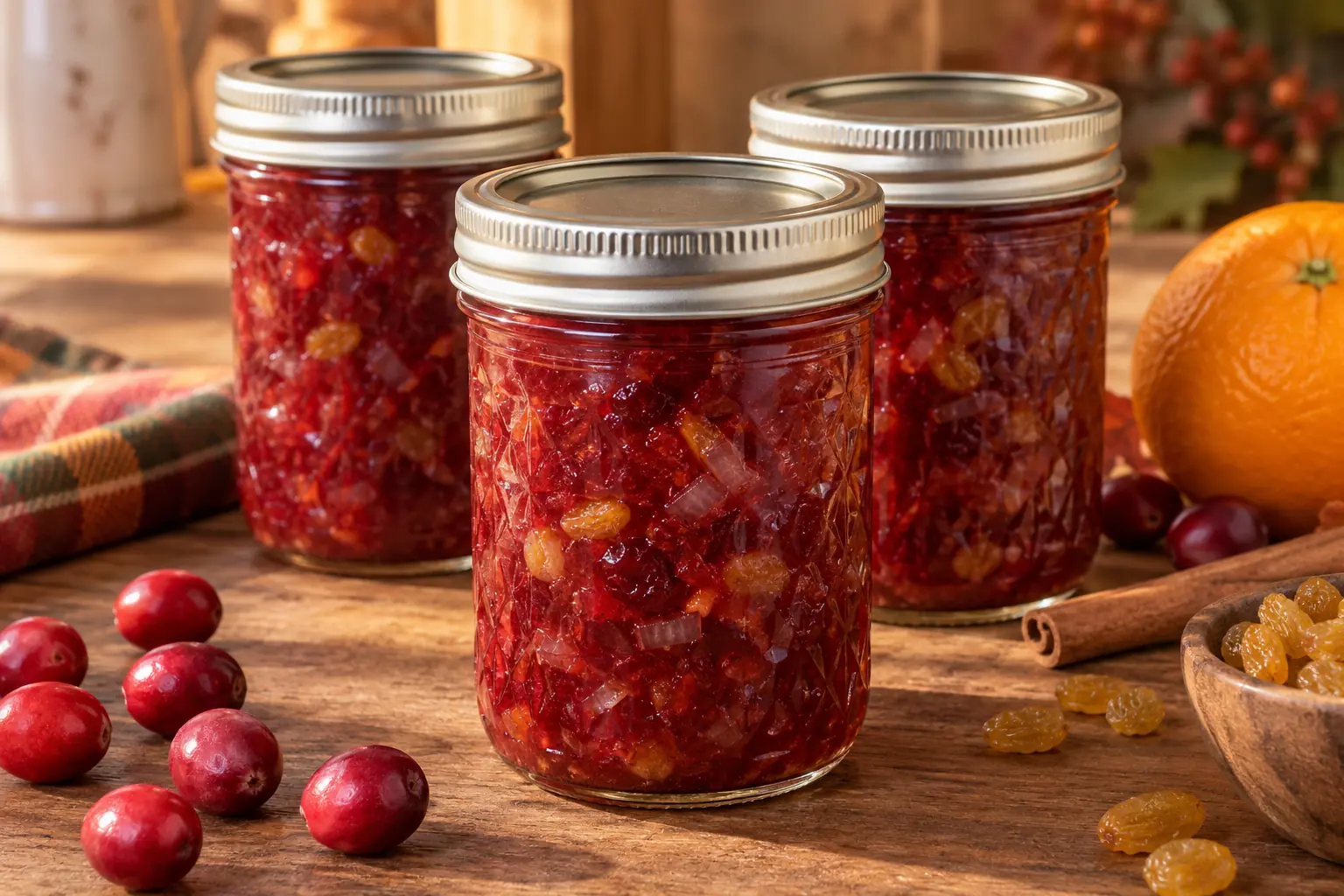 Three sealed half-pint canning jars filled with chunky cranberry orange chutney