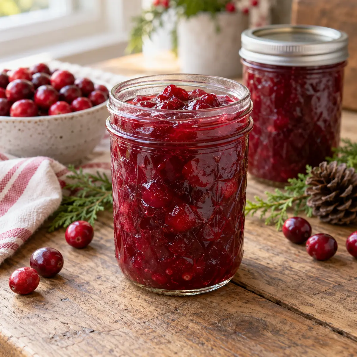 Whole-berry cranberry sauce in glass home-canning jars with fresh cranberries