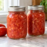 Two jars of crushed tomatoes prepared for home canning