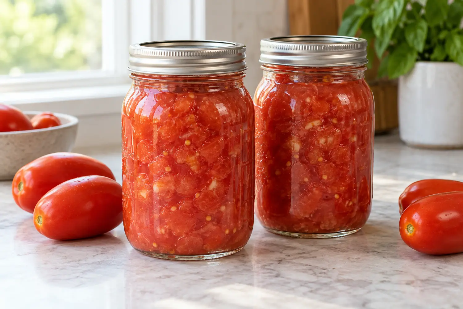 Two jars of crushed tomatoes prepared for home canning