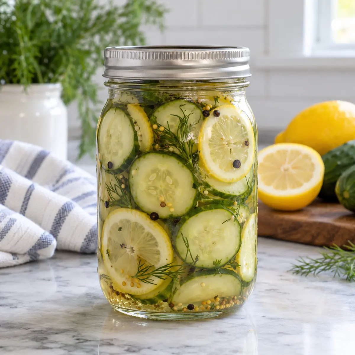 Jar of cucumber and lemon pickles with dill