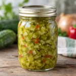 Jar of finely chopped cucumber relish with red pepper