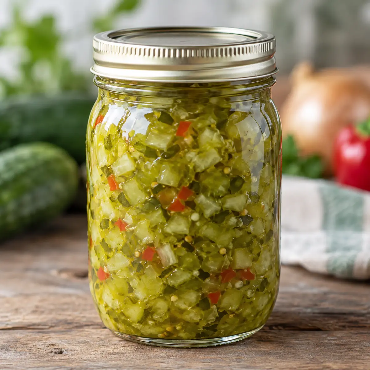 Jar of finely chopped cucumber relish with red pepper