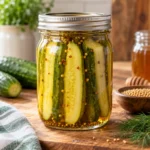 Jar of cucumber spears in golden honey brine