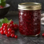Jar of ruby currant preserves with fresh red currants