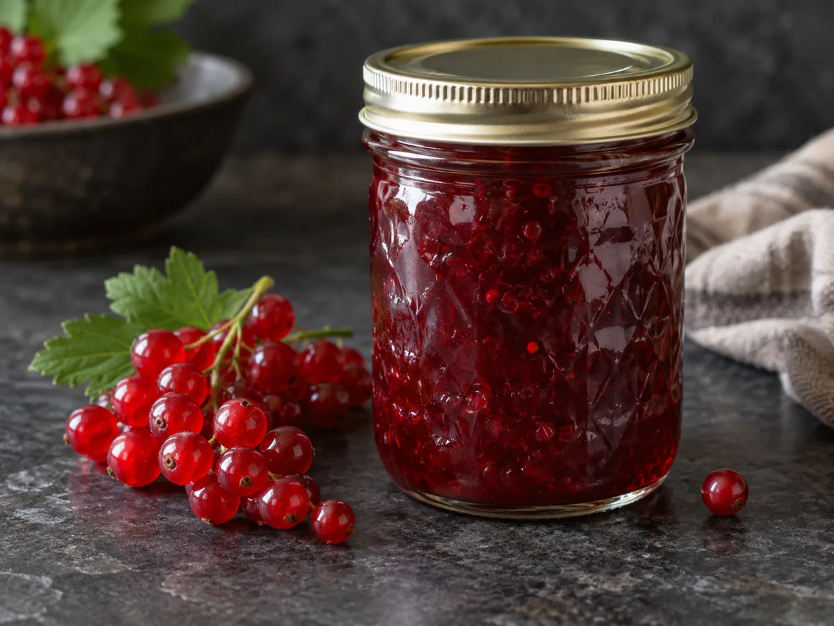 Jar of ruby currant preserves with fresh red currants