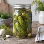 Jar of fermented whole dill pickles with garlic
