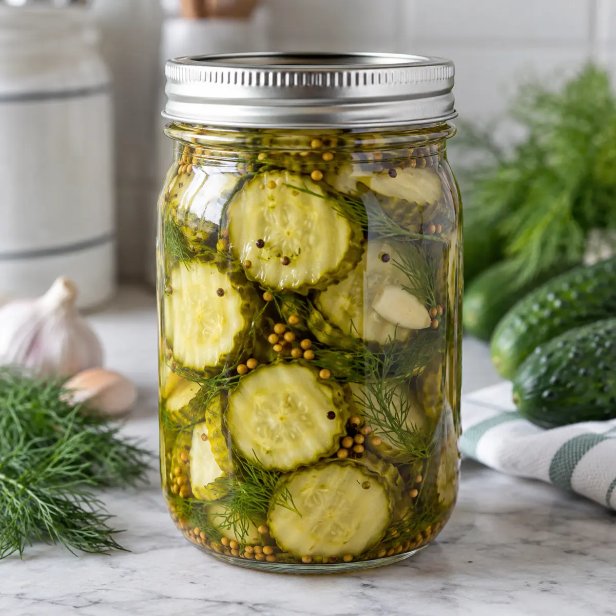 Jar of sliced dill pickles with mustard seeds