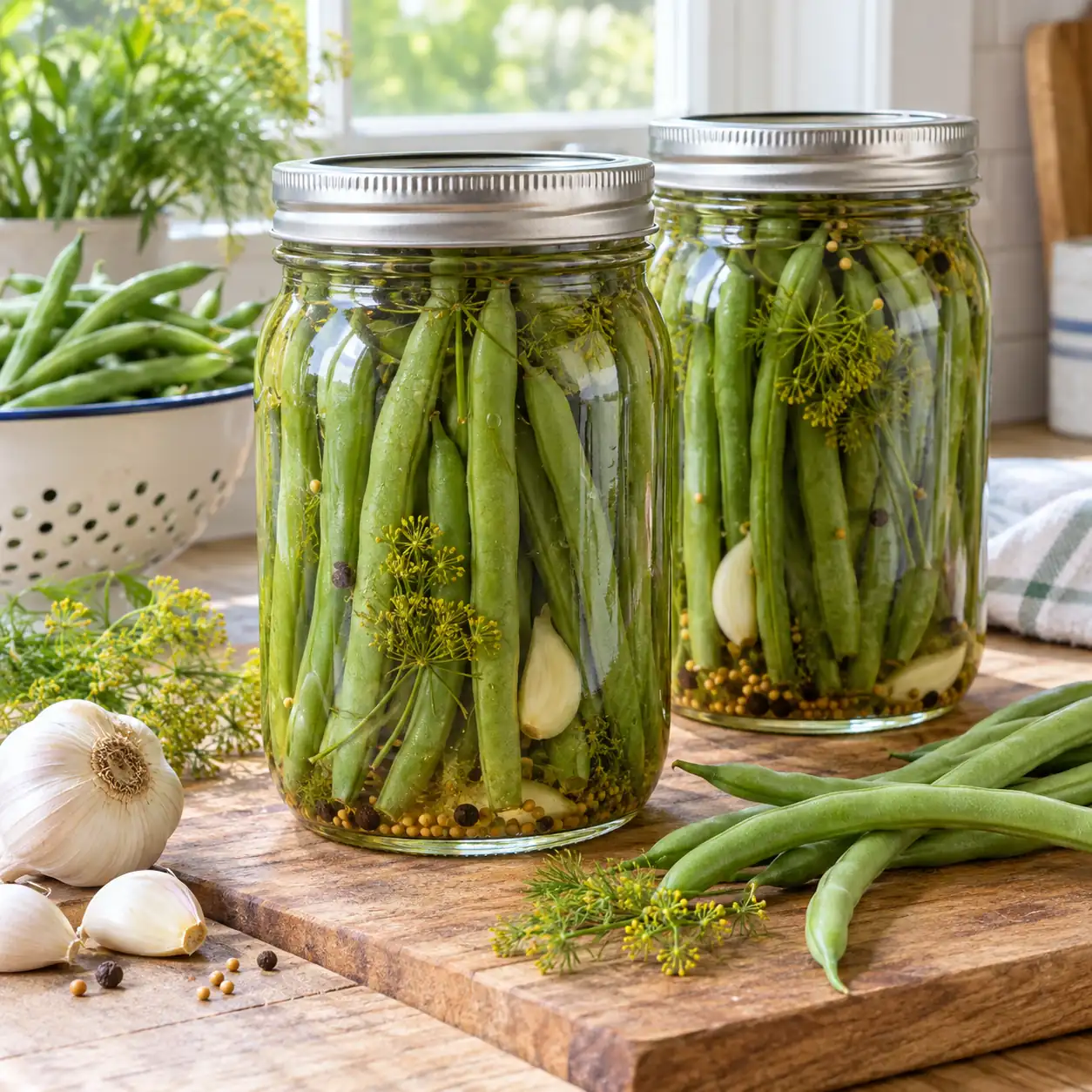 Two sealed jars of dilled green beans with garlic and dill