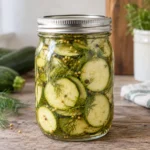 Jar of dilled zucchini slices with mustard seeds