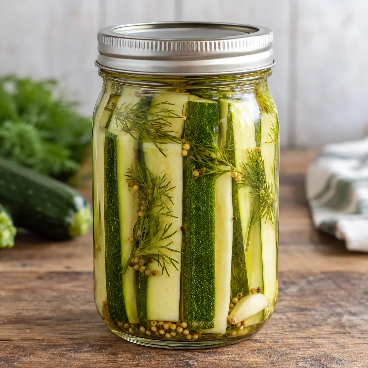 Jar of dilled zucchini sticks in clear brine