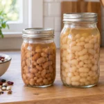 Home-canned dried beans in sealed pint and quart canning jars