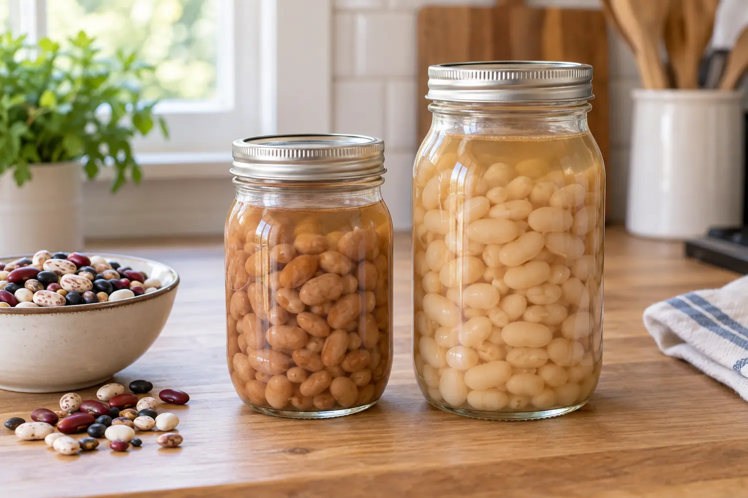 Home-canned dried beans in sealed pint and quart canning jars