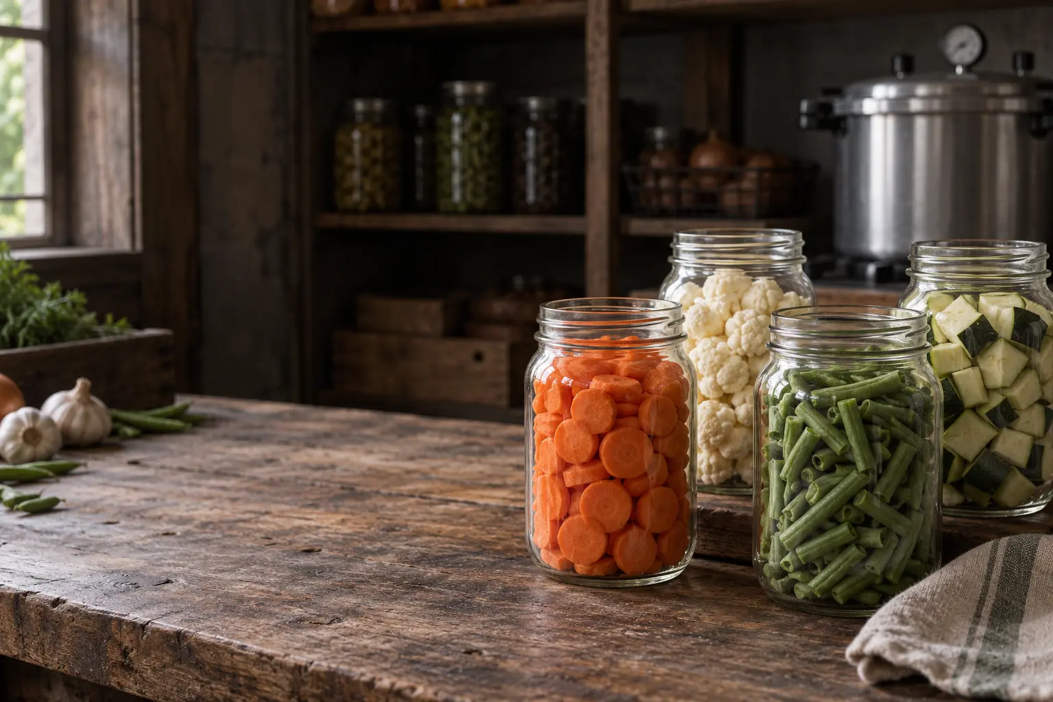 Open jars of dry raw vegetables beside a pressure canner, illustrating an unsafe home-canning practice