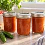 Sealed half-pint jars of smooth red-orange hot sauce with Serrano peppers and tomatoes.