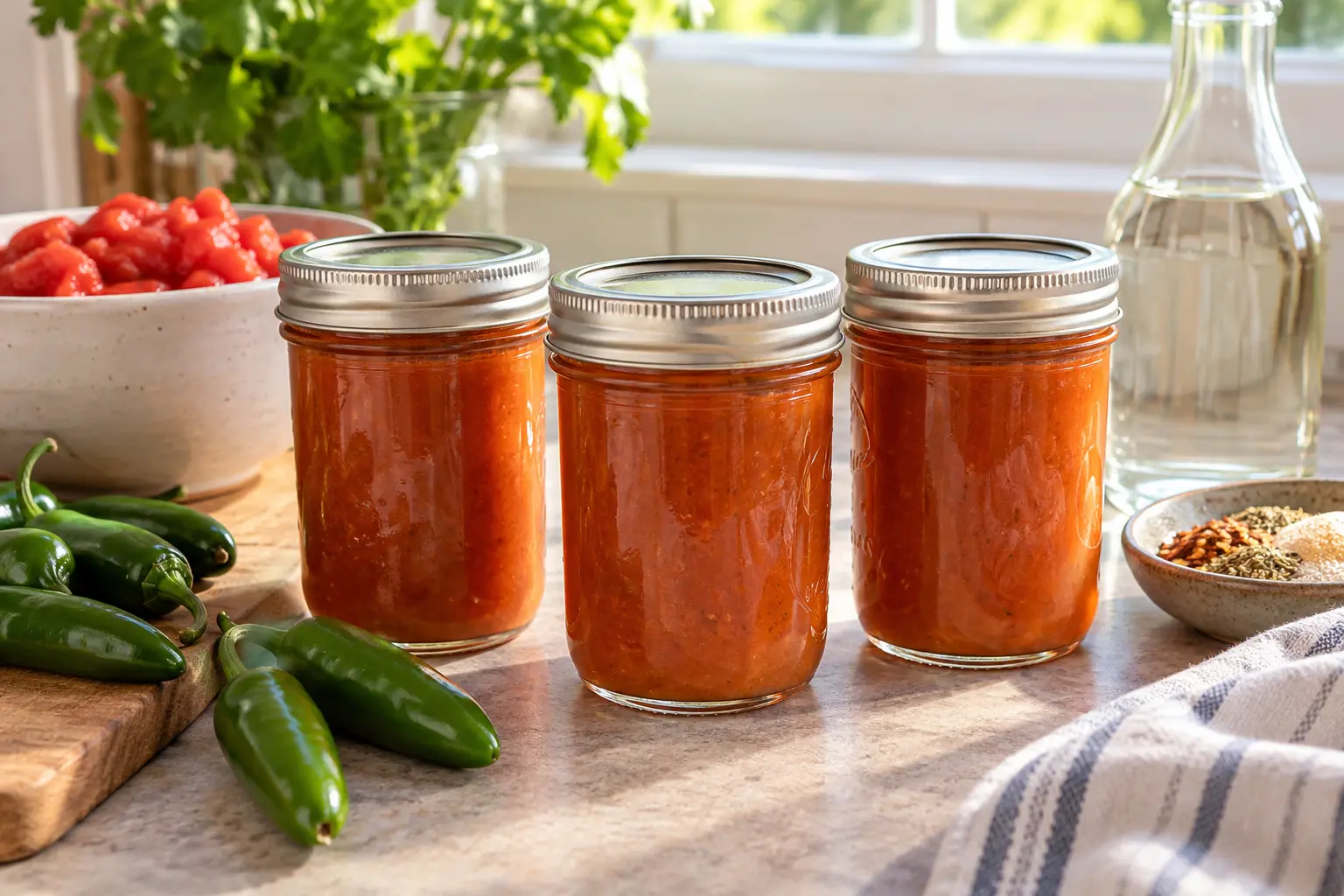 Sealed half-pint jars of smooth red-orange hot sauce with Serrano peppers and tomatoes.