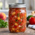 Jar of tomato and orchard fruit salsa