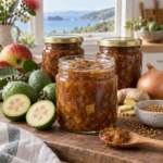 Amber feijoa chutney in preserving jars with halved feijoas, apples, onion, ginger, and mustard seeds