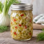 Jar of chopped fennel relish with red pepper