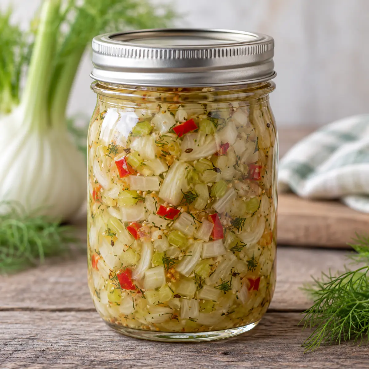 Jar of chopped fennel relish with red pepper