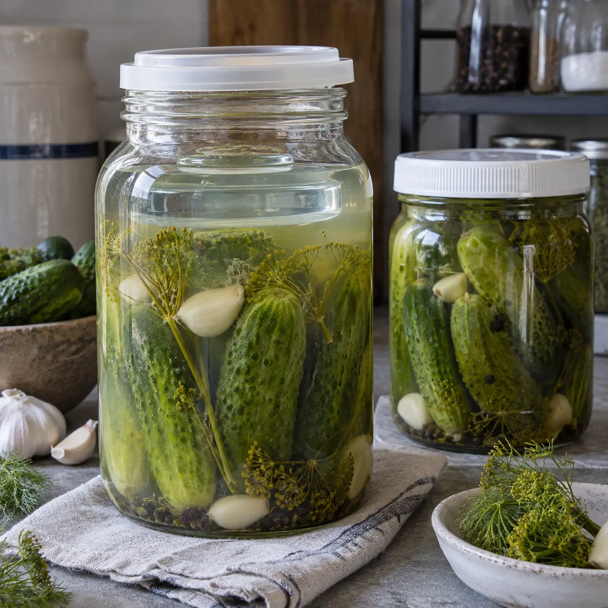 Whole cucumbers fermenting below brine with dill and garlic in glass jars