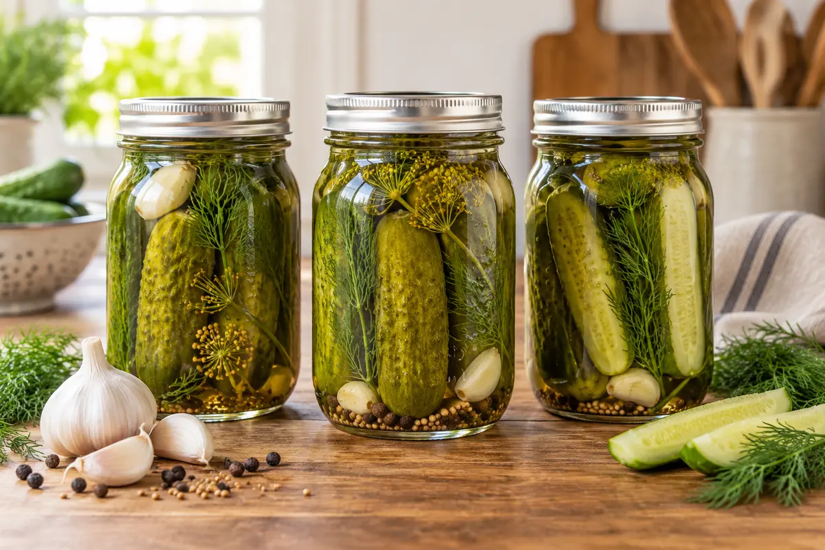 Sealed jars of Fermented Dill Pickles prepared using the tested NCHFP method