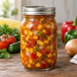 Jar of colorful corn and tomato salsa