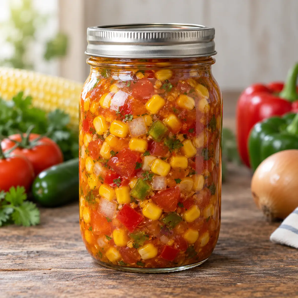 Jar of colorful corn and tomato salsa