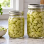 Home-canned fresh shelled lima beans in sealed pint and quart canning jars
