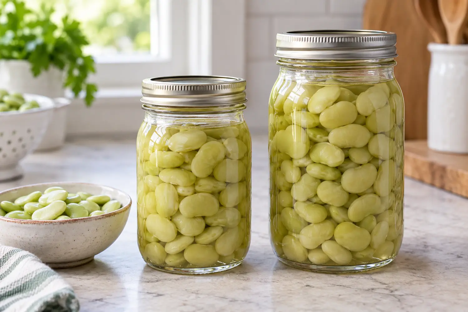 Home-canned fresh shelled lima beans in sealed pint and quart canning jars