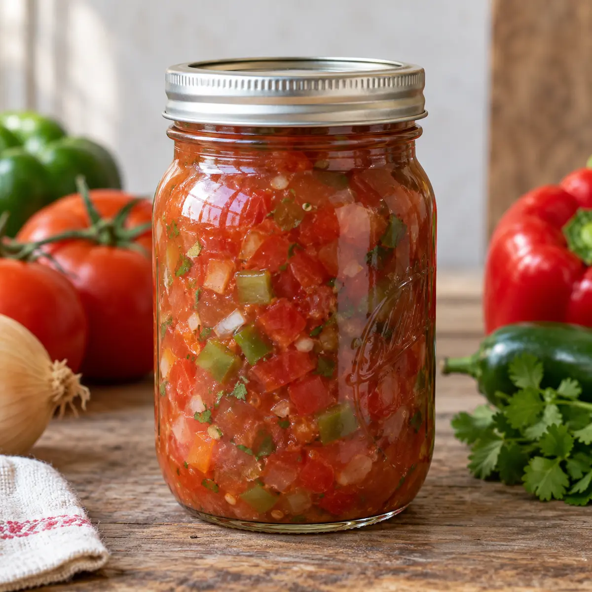Jar of fresh vegetable tomato salsa