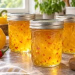 Three sealed canning jars of golden pepper jelly with yellow bell and serrano peppers