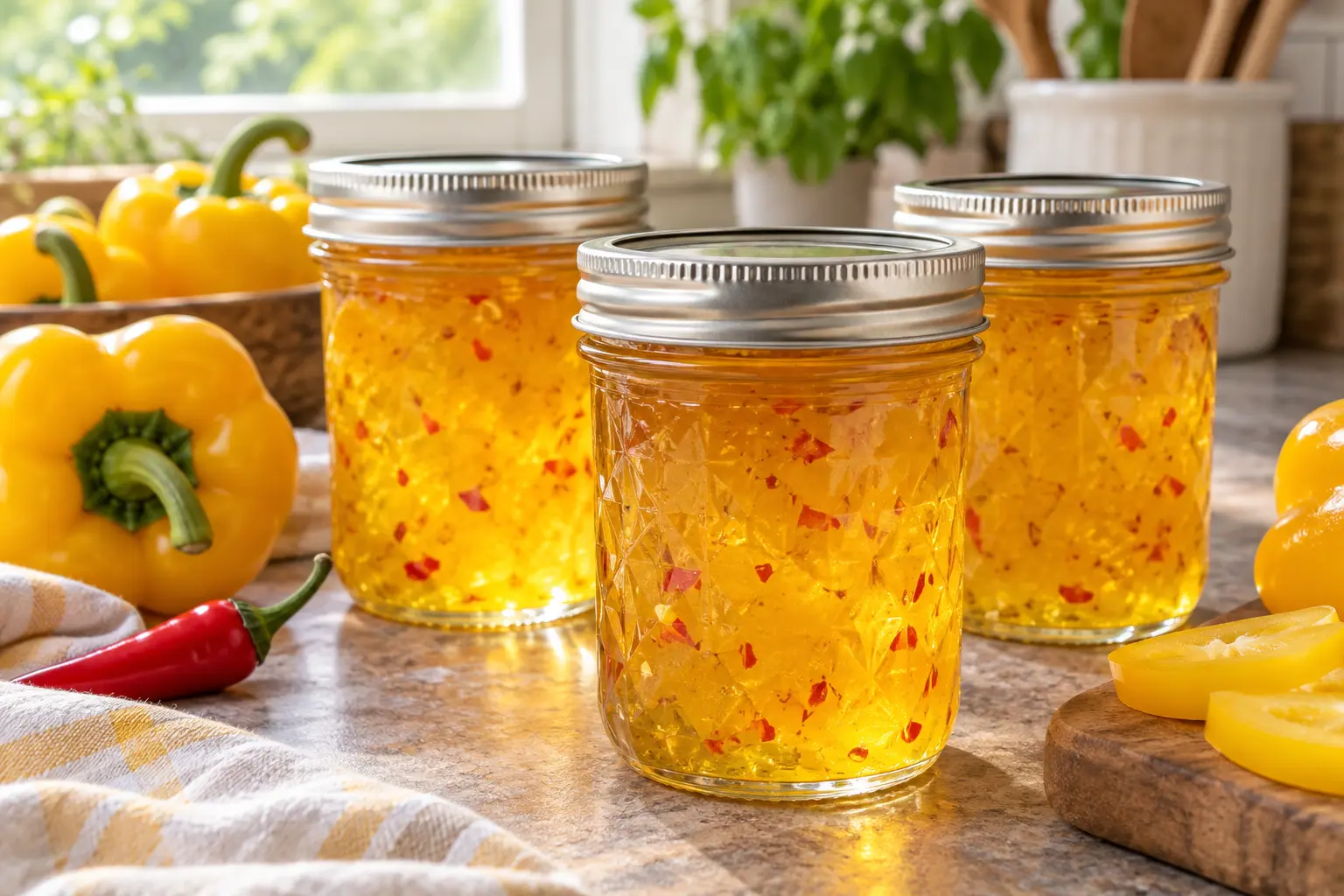 Three sealed canning jars of golden pepper jelly with yellow bell and serrano peppers