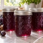 Three sealed canning jars of Concord grape jelly with fresh purple grapes