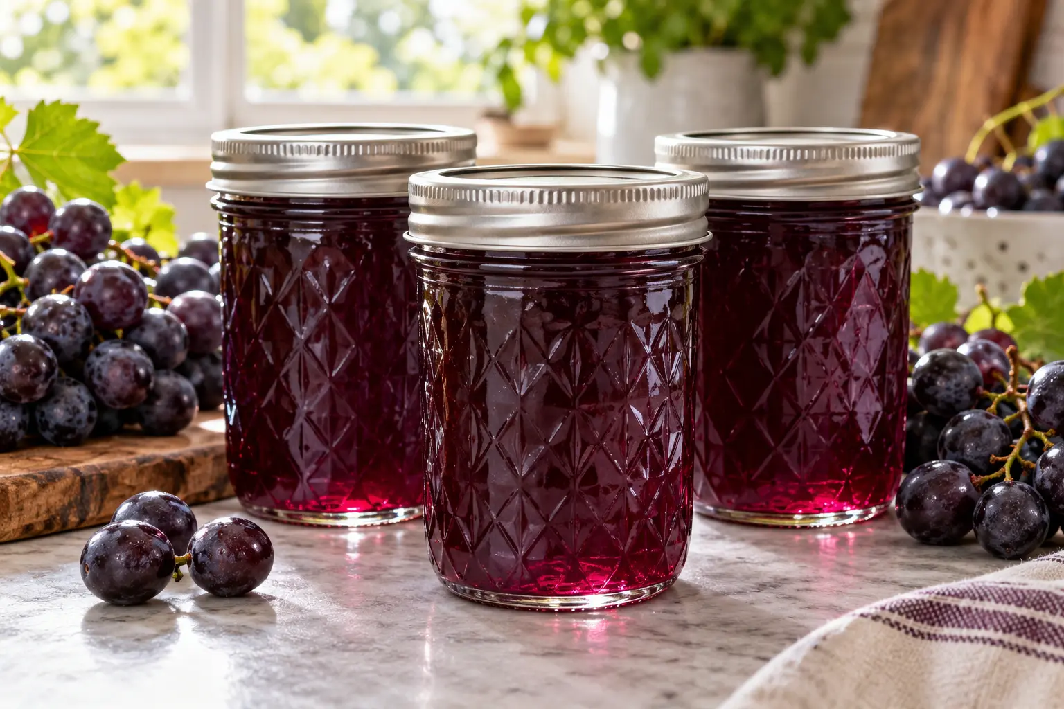 Three sealed canning jars of Concord grape jelly with fresh purple grapes