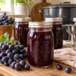 Home-canned purple grape juice with fresh grapes