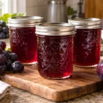 Three sealed canning jars of grape-plum jelly with Concord grapes and ripe plums