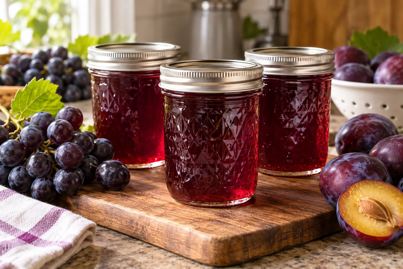 Three sealed canning jars of grape-plum jelly with Concord grapes and ripe plums