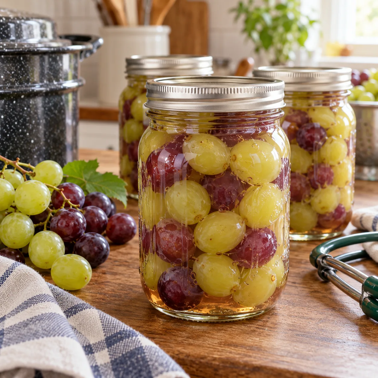 Home-canned whole green and purple grapes