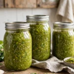 Green Chili Sauce in glass canning jars — home canning recipe